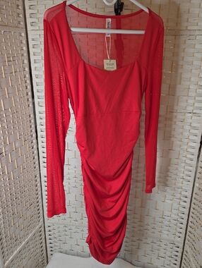 Mesh-Sleeve Red Long Sleeve Ruched Midi Dress